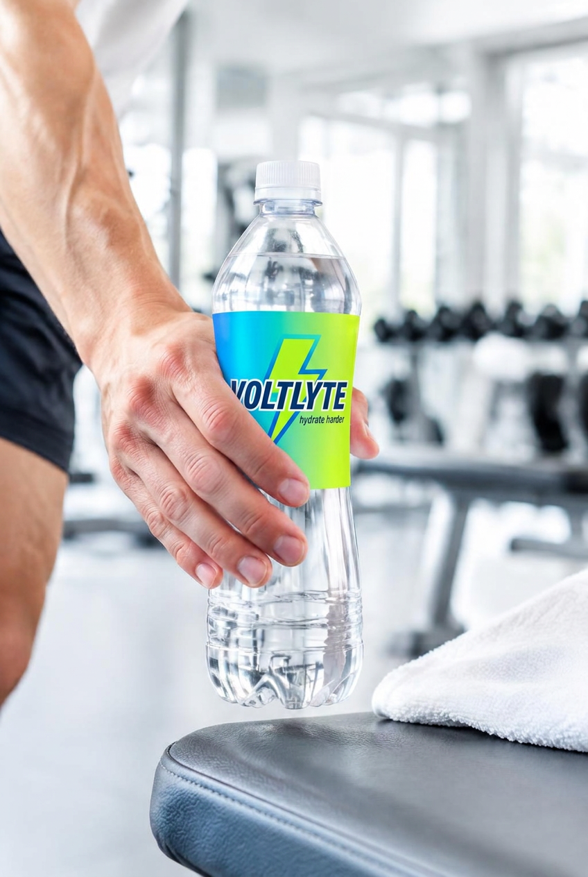A hand picks up a branded plastic water bottle at a gym