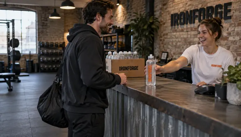 Concept image: a team member hands a chilled Ironforge Gym bottle to a member at gym reception