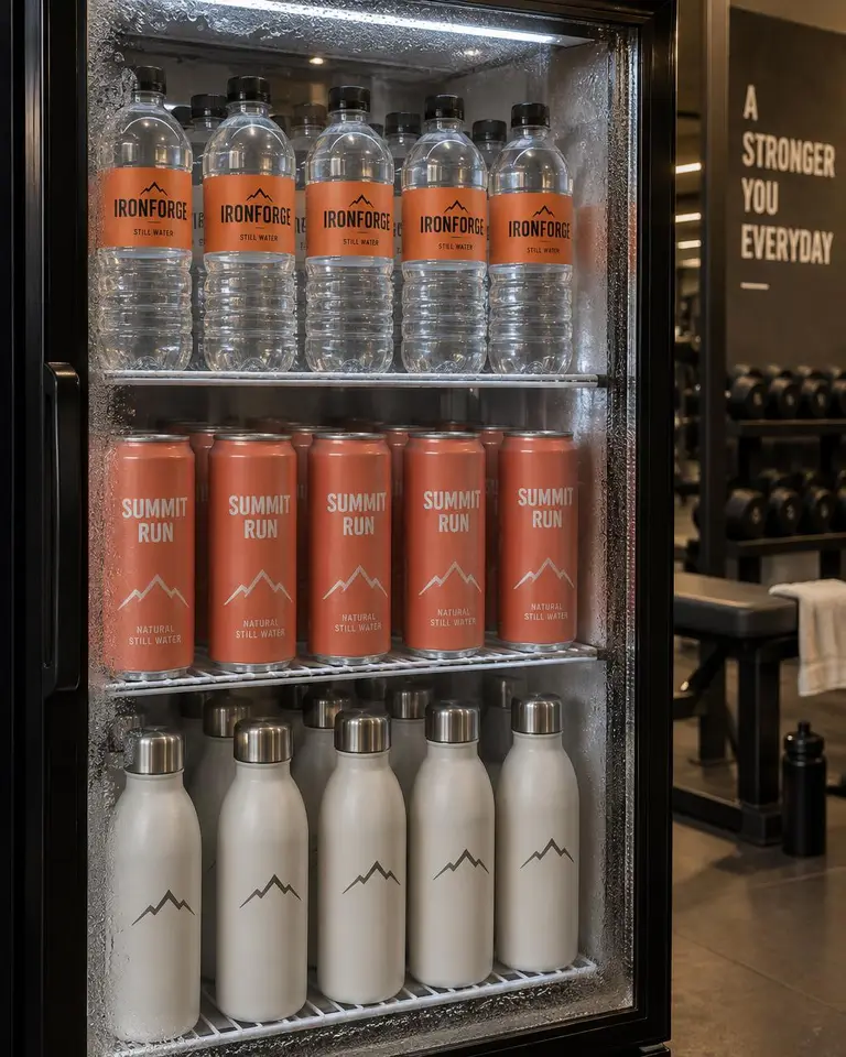 Concept image: a slim glass-door gym fridge stocked with Ironforge bottles, Summit Run cans and white reusable bottles